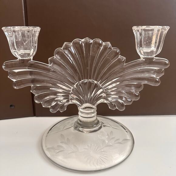 Vtg Imperial Pressed glass MCM Hollywood dual Fan two candle holder floral etch - Picture 1 of 14